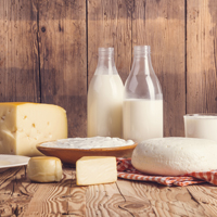 Auf einem Holztisch vor einer rustikalen Holzwand stehen verschiedene Milchprodukte wie zum Beispiel Käse, Quark und Milch in Flaschen.